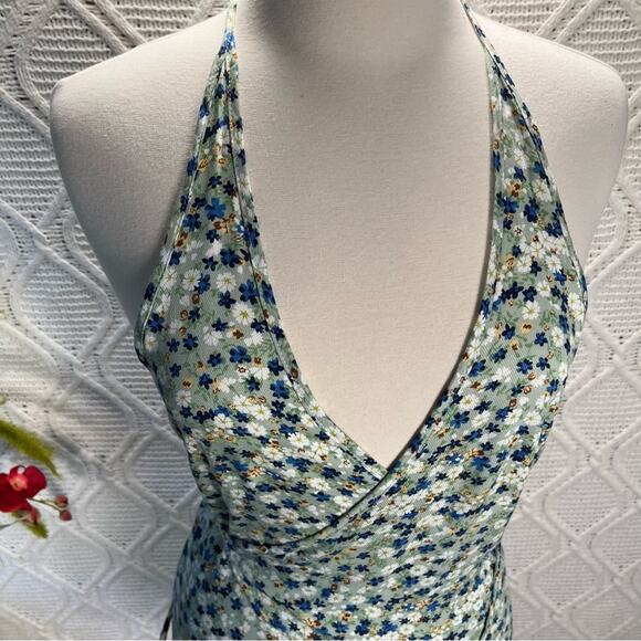 NWT BEGINNING BOUTIQUE | Green Floral "The Last Time Halter" Wrap Dress - Picture 3 of 11